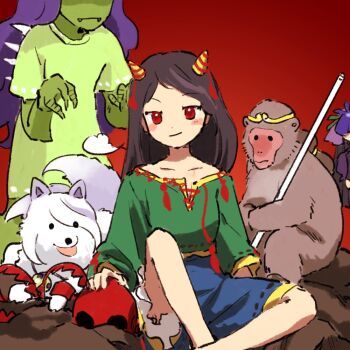 3girls animalization bare_legs black_hair blue_shorts blush_stickers chupacabra closed_mouth collarbone dog dot_nose dress fangs fangs_out flower_as_hat frilled_shorts frills green_dress green_shirt hair_ornament hat hat_over_eyes high-waist_shorts horn_ornament horn_ribbon horns kaigen_1025 knees_up long_dress long_hair long_sleeves mitsugashira_enoko monkey multiple_girls nippaku_zanmu off-shoulder_shirt off_shoulder puffy_short_sleeves puffy_sleeves purple_dress purple_hair purple_hat red_background red_eyes red_ribbon ribbon ribbon-trimmed_dress ribbon-trimmed_shirt ribbon-trimmed_shorts ribbon-trimmed_sleeves ribbon_trim shirt short_sleeves shorts sidelocks simple_background small_horns smirk smug solo_focus son_biten spikes straight_hair tassel tassel_hair_ornament tenkajin_chiyari three-quarter_sleeves touhou traditional_youkai unfinished_dream_of_all_living_ghost wolf yellow_horns yomotsu_hisami