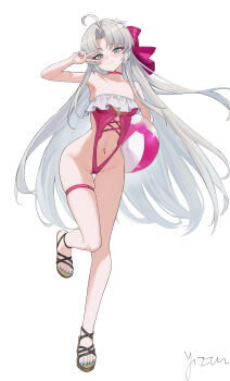 1girl absurdres adapted_costume ahoge aqua_eyes ball beachball bikini blue_nails blush bow breasts carlotta_(splashing_summer)_(wuthering_waves) carlotta_(wuthering_waves) chinese_commentary closed_mouth clothing_cutout commentary_request feet fingernails frilled_one-piece_swimsuit frills grey_hair hair_bow hand_up highleg highleg_bikini highres holding holding_ball holding_beachball jewelry legs long_hair looking_at_viewer medium_breasts nail_polish navel navel_piercing official_alternate_costume one-piece_swimsuit parted_bangs piercing pink_bow pink_one-piece_swimsuit sandals signature simple_background smile solo standing standing_on_one_leg stomach stomach_cutout striped_bow swimsuit thigh_gap thighlet toenail_polish toenails toes v white_background wuthering_waves yizi_(yizi_official)