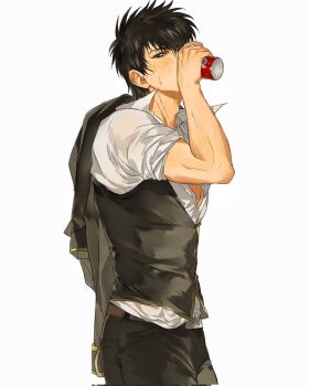 1boy belt black_hair black_jacket black_pants black_vest brown_belt brown_eyes can collared_shirt commentary_request drink_can drinking gintama highres hijikata_toushirou holding holding_can jacket jacket_over_shoulder looking_at_viewer looking_to_the_side male_focus open_clothes open_shirt pants popped_collar sgat shirt short_hair simple_background sleeves_rolled_up soda_can solo standing suit_jacket sweat unworn_jacket vest white_background white_shirt