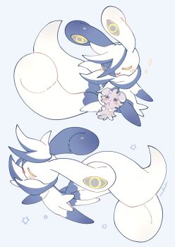 absurdres aqua_sclera blue_fur blue_sclera blush blush_stickers closed_mouth colored_sclera espurr evolutionary_line fang forked_tail furry gen_6_pokemon grey_fur hair_between_eyes heterochromia highres mega_meowstic mega_pokemon meowstic nintendo nullma open_mouth other_focus pokemon pokemon_(creature) pokemon_focus purple_eyes skin_fang smile split-color_fur tail white_fur yellow_sclera