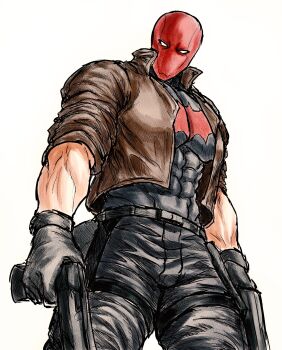 1boy bat_signal batman_(series) batman_symbol black_bodysuit black_gloves black_pants bodysuit brown_jacket corpse_dc dc_comics dual_wielding finger_on_trigger gloves grey_bodysuit gun handgun highres holding holding_gun holding_weapon holster jacket jason_todd male_focus mask multicolored_bodysuit muscular muscular_male open_clothes pants red_hood_(dc) red_mask superhero_costume two-tone_bodysuit weapon