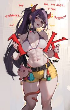 1girl abs artist_name belt belt_collar bikini bikini_top_only black_nails blush breasts breasts_apart collar demon_girl demon_tail earrings english_text fangs female_focus freckles_on_breasts highleg highleg_bikini highres holding horns jewelry large_breasts linea_alba long_hair looking_at_viewer medium_breasts muscular muscular_female nail_polish navel open_mouth orange_horns original pogchamp_(meme) ponytail red_eyes short_shorts shorts solo standing sweat swimsuit tail teeth toxxy upper_teeth_only uwu very_long_hair watermark yellow_shorts