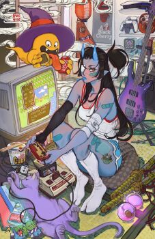 1girl 1other absurdly_detailed_composition amplifier artist_logo bandaged_arm bandages bandaid bandaid_on_arm bandaid_on_cheek bandaid_on_face bandaid_on_leg bike_shorts black_hair black_nails black_sleeves blue_horns blue_lips blue_shorts blue_skin breasts can cat cellphone chopsticks cleavage colored_skin controller crt demon_horns detached_sleeves dragon_quest drink_can electric_guitar enerjax eyepatch famicom fangs food full_body game_cartridge game_console game_controller ghost ghost_(dragon_quest) guitar half_up_bun hat hat_ribbon highres holding holding_can holding_controller holding_food holding_game_controller horns instant_cup_noodles instant_noodles instrument katana lantern leg_tattoo loaded_interior logo long_hair looking_at_viewer medical_eyepatch medium_breasts nissin_cup_noodle nissin_cup_noodle_curry orange_eyes original paper_lantern phone pillow playing_games pointy_ears poster_(object) potion purple_cat purple_hat red_ribbon ribbon shirt shorts single_detached_sleeve sitting_on_pillow sleeveless sleeveless_shirt smartphone smoke socks soda_can sword tabi tatami tattoo tongue tongue_out weapon white_shirt white_socks witch_hat