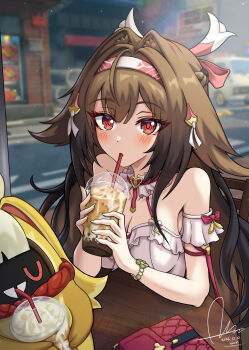 Rule 34 | 1girl, absurdres, animal ears, bangboo (zenless zone zero), bare shoulders, blush, bow, bracelet, breasts, brown hair, bubble tea, cleavage, collar, commentary request, dasoin, dress, drinking, droopy ears, fox ears, fox girl, frilled collar, frilled dress, frills, hair ornament, headband, highres, jewelry, long hair, looking at viewer, medium breasts, multicolored hair, off shoulder, official alternate costume, outdoors, pink bow, red eyes, streaked hair, very long hair, ye shunguang, zenless zone zero