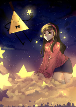 1boy 1girl absurdres bill_cipher bow bowtie brown_eyes brown_hair gravity_falls hairband hat highres huayv666 long_hair long_sleeves looking_at_viewer mabel_pines one-eyed shirt skirt star_(sky) sweater top_hat triangle turtleneck