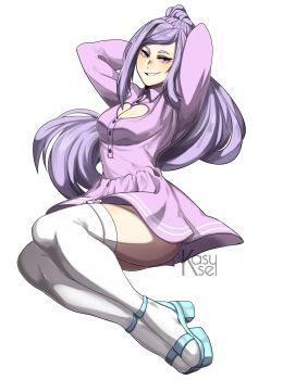1girl aeris_(utau) aqua_shoes arms_behind_head ass breasts cleavage_cutout clothing_cutout commission dress full_body heart_cutout high_heels high_ponytail highres kasusei large_breasts long_hair looking_at_viewer non-web_source official_art outline pleated_dress ponytail purple_dress purple_eyes purple_hair shoes sidelocks simple_background sitting smile solo swept_bangs thighhighs transparent_background utau very_long_hair watermark white_outline white_thighhighs