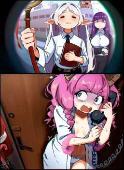 3girls :3 artist_name aura_(sousou_no_frieren) aura_bullying_(meme) bathrobe belt black_necktie black_pants blue_eyes blunt_bangs braid breasts breasts_apart building closed_eyes closed_mouth collared_shirt commentary corded_phone day demon_girl demon_horns door dress_shirt earrings english_commentary fern_(sousou_no_frieren) frieren gun highres holding holding_gun holding_phone holding_staff holding_weapon horns jewelry large_breasts long_hair looking_at_viewer mage_staff medium_breasts meme multiple_girls necktie nervous_sweating no_bra open_clothes open_mouth open_robe panties pants phone pink_hair pov_peephole purple_eyes purple_hair purple_pupils robe shaded_face shirt snegovski sousou_no_frieren staff sweat thick_eyebrows twintails umbrella underwear v-shaped_eyebrows very_long_hair wavy_mouth weapon white_panties white_shirt
