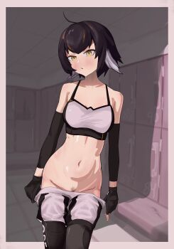 1girl absurdres ahoge arknights bare_shoulders bird_girl black_gloves black_leggings blush breasts brown_hair clothes_pull commentary compression_sleeve crop_top english_commentary feather_hair female_pubic_hair fingerless_gloves gloves hair_between_eyes highres leggings leggings_under_shorts locker locker_room looking_at_viewer midriff multicolored_hair multicolored_sports_bra navel official_alternate_costume open_mouth plume_(arknights) plume_(easy_time)_(arknights) pubic_hair rioffi_mirai short_hair shorts shorts_pull small_breasts solo sports_bra two-tone_hair two-tone_sports_bra undressing white_hair white_sports_bra yellow_eyes