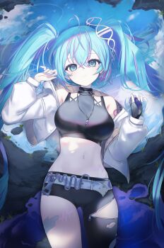 Rule 34 | 1girl, absurdres, ahoge, aqua hair, asymmetrical clothes, bare shoulders, belt, black pants, black shirt, blue eyes, breasts, commentary request, crop top, fingerless gloves, gloves, hands up, hatsune miku, highres, jacket, jewelry, large breasts, long hair, looking at viewer, midriff, nanana narang, navel, necklace, off shoulder, open clothes, open jacket, pants, parted lips, shirt, single glove, single pantsleg, sleeveless, sleeveless shirt, solo, stomach, thighs, torn clothes, torn pants, twintails, vocaloid, white jacket