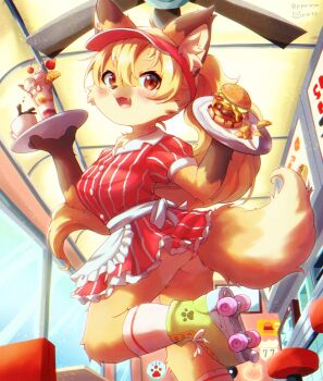 1girl animal_ears apron ass bacon blonde_hair blush body_fur burger ceiling_fan cheese cherry chromatic_aberration coffee collared_dress cup diner dress fang female_focus food fox_ears fox_girl fox_tail frills fruit furry furry_female hair_between_eyes hat highres indoors lettuce open_mouth orange_(fruit) orange_slice original panties panty_peek parfait piporinton plate ponytail red_eyes red_hat restaurant roller_skates shirt short_dress skates socks solo standing standing_on_one_leg stool strawberry striped_clothes striped_shirt tail underwear upskirt visor_cap waitress wedgie white_socks window yellow_fur