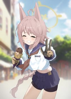 1girl absurdres ahoge animal_ears bike_shorts blue_archive brown_hair closed_eyes food fox_ears fox_girl green_halo halo highres ice_cream long_braid long_hair makura_u9b neckerchief otogi_(blue_archive) pleated_skirt red_neckerchief school_uniform serafuku skirt smile v