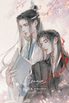 2boys artist_name bishounen black_hair black_hanfu blurry blurry_foreground book branch chinese_clothes closed_eyes closed_mouth couple ereyz falling_petals flower hair_down hair_ribbon half_updo hanfu head_on_another&#039;s_shoulder headband holding holding_book lan_wangji light_smile long_hair long_sleeves looking_at_another male_focus modao_zushi multiple_boys official_alternate_hairstyle open_book parted_lips petals pink_flower ponytail reading red_ribbon ribbon robe sidelocks sitting sleeping topknot twitter_username upper_body watermark wei_wuxian wei_wuxian_(yiling_laozu) white_hanfu white_headband wide_sleeves xiao_guan_(headdress) yaoi yellow_eyes