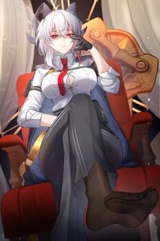 1girl absurdres ahoge anzusouda arm_pouch armband black_armband black_gloves black_horns black_pants black_pantyhose breasts button_gap chest_harness closed_mouth collared_shirt commentary crossed_legs curled_horns earrings feet gloves hair_between_eyes hand_up harness high-waist_pants highres horns jewelry key_earrings large_breasts long_hair looking_at_viewer mole mole_under_eye multicolored_hair necktie pants pantyhose partially_shaded_face red_eyes red_necktie shirt shirt_tucked_in sitting soles solo streaked_hair tight_clothes tight_pants toes white_hair white_shirt wuthering_waves zani_(wuthering_waves)