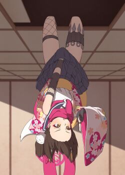 1girl absurdres asymmetrical_legwear black_gloves black_sailor_collar black_skirt blue_archive blush brown_hair cherry_blossom_print commentary eyeshadow fang fishnet_thighhighs fishnets floating_hair floral_print floral_print_kimono forehead fox_girl fuhao10708 full_body gloves hair_ornament halo highres indoors izuna_(blue_archive) japanese_clothes kimono kuji-in kunai long_sleeves looking_to_the_side makeup medium_hair miniskirt mismatched_legwear neckerchief ninja one_side_up open_mouth partially_fingerless_gloves pink_eyeshadow pink_halo pink_kimono pink_neckerchief pink_scarf pleated_skirt pom_pom_(clothes) pom_pom_hair_ornament print_kimono sailor_collar scarf school_uniform serafuku shirt single_thighhigh skin_fang skirt sleeveless sleeveless_shirt solo symbol-only_commentary thighhighs upside-down weapon white_shirt wide_sleeves yellow_eyes