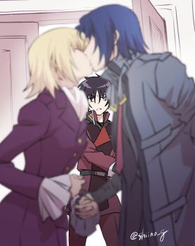 Rule 34 | 1girl, 2boys, 7sino, artist name, ascot, athrun zala, black hair, blonde hair, blue hair, cagalli yula athha, closed eyes, compass uniform, couple, formal clothes, grey jacket, gundam, gundam seed, gundam seed freedom, highres, holding hands, jacket, kiss, multiple boys, necktie, open door, pant suit, pants, red eyes, red necktie, shinn asuka, short hair, suit, twitter username, walk-in, white ascot