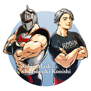 Rule 34 | 2boys, abs, black shirt, grey hair, kinnikuman, konishi katsuyuki, kusochihuahua, looking at viewer, male focus, mask, multiple boys, muscular, muscular male, pants, red eyes, red pants, robin mask, shirt, short hair, short sleeves, voice actor, wrestling outfit