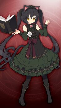 1girl black_boots black_dress black_hair book boots detached_sleeves dress floating_book floating_object green_skirt green_sleeves hair_between_eyes hands_up long_hair open_book skirt solo very_long_hair