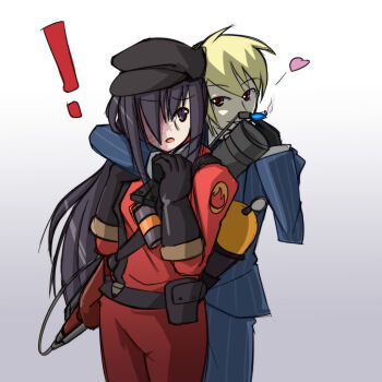 Rule 34 | !, 2girls, androgynous, balisong, black hair, blonde hair, blu spy (tf2), newsboy cap, cigarette, cosplay, cyzir visheen, explosive, flamethrower, formal clothes, gloves, hair over one eye, hat, heart, holding flamethrower, holding weapon, hug, hug from behind, ikezawa hanako, katawa shoujo, knife, long hair, multiple girls, pinstripe pattern, pinstripe suit, pyro (tf2), red eyes, red pyro (tf2), red spy (tf2), reverse trap, satou akira, scar, smoke, spy (tf2), striped, suit, team fortress 2, the pyro (cosplay), the spy (cosplay), weapon