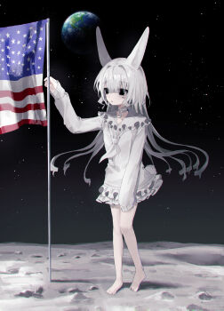 1girl absurdres american_flag barefoot black_eyes earth_(planet) frilled_shirt_collar frills full_body hayu_(hayu0305) highres long_hair long_sleeves lunar_surface miniskirt moon moon_rabbit neckerchief original planet rabbit rabbit_girl shirt skirt sky solo space standing star_(sky) starry_sky white_hair white_neckerchief white_shirt white_skirt