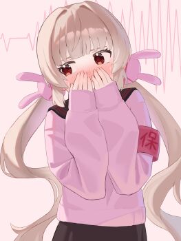 1girl absurdres armband black_sailor_collar black_skirt blonde_hair blush commentary hair_ornament hashtag-only_commentary highres long_sleeves looking_to_the_side low_twintails natori_sana natori_sana_(school_uniform) okaki8130 pink_shirt rabbit_hair_ornament red_armband red_eyes sailor_collar sana_channel school_uniform serafuku shirt skirt solo sweatdrop twintails virtual_youtuber