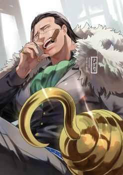 1boy absurdres ascot belt black_jacket brown_eyes coat crocodile_(one_piece) fur-trimmed_coat fur_trim green_ascot hair_slicked_back highres hook_hand jacket jewelry long_sleeves looking_at_viewer male_focus mature_male mouth_hold multiple_rings ngumngim one_piece open_mouth ring short_hair solo stitched_face stitches teeth_hold upper_body