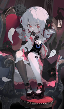 Rule 34 | 1girl, absurdres, animal, animal on lap, asymmetrical legwear, black bow, black dress, black gloves, black ribbon, black shoes, black socks, bow, bowtie, cat, cat on lap, chair, dress, drill hair, flower, frilled dress, frilled sleeves, frills, full body, ghost, gloves, hair between eyes, hair ornament, highres, holding, kele mimi, knees up, long hair, long sleeves, looking at viewer, mismatched legwear, on lap, open mouth, original, petting, red eyes, ribbon, shoes, single sock, sitting, socks, solo, tlipoca, twin drills, uneven legwear, white hair, wide sleeves, yog-sothoth's yard