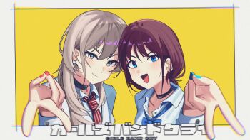 2girls black_choker blue_bow blue_bowtie blue_eyes blue_nails blue_shirt blush border bow bowtie brown_hair chinese_commentary choker closed_mouth collarbone collared_shirt commentary_request copyright_name earclip earrings girls_band_cry grey_border grey_eyes grey_hair gyaru_v haidao_mao hair_between_eyes highres iseri_nina jewelry kawaragi_momoka long_hair looking_at_viewer multicolored_hair multiple_girls nail_polish necktie open_mouth outside_border pink_nails red_hair red_nails red_necktie roots_(hair) shirt short_hair short_twintails smile striped_necktie stud_earrings twintails upper_body v white_border white_shirt yellow_background