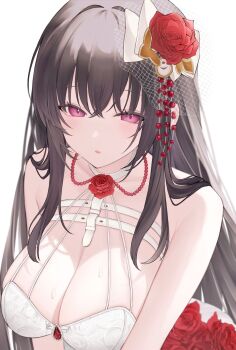 1girl breasts brown_hair cleavage commentary flower goddess_of_victory:_nikke highres large_breasts long_hair mihara_(bonding_chain)_(nikke) mihara_(bonding_chain)_(pain_eater)_(nikke) mihara_(nikke) official_alternate_costume purple_eyes red_flower red_rose rose solo upper_body wata_owo