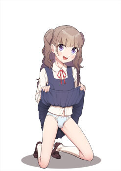 1boy :d black_pantyhose blue_dress blue_panties blush brown_hair brown_pantyhose brown_shoes bulge clothes_lift collared_shirt crossdressing crossdressing_(mtf) dress dress_lift hair_between_eyes highres hokuro_ryuuseigun junior_(hokuro_ryuuseigun) kneeling lifting_own_clothes loafers long_hair looking_at_viewer male_focus open_mouth original panties pantyhose pinafore_dress pleated_dress purple_eyes red_ribbon ribbon school_uniform shirt shoes simple_background sleeveless sleeveless_dress smile socks solo trap two_side_up underwear white_background white_shirt white_socks