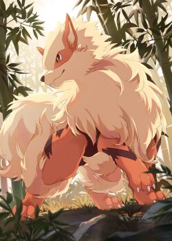 Rule 34 | absurdres, animal focus, arcanine, bright pupils, brown eyes, claws, closed mouth, commentary request, fang, gen 1 pokemon, highres, kechon-san, nintendo, no humans, pokemon, pokemon (creature), smile, standing, tree, white pupils