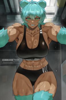 1girl abs absurdres animal_ears bare_shoulders bear_ears bear_girl black_sports_bra black_sports_panties blue_fur blue_hair body_fur breasts character_request cleavage commentary commission cowboy_shot dark-skinned_female dark_skin english_commentary green_eyes grin highres indoors industrial_pipe large_breasts looking_at_viewer muscular muscular_female navel original park_ongjol ring_light_reflection sharp_teeth short_hair smile solo sports_bra sports_panties teeth v-shaped_eyebrows wolf_cut