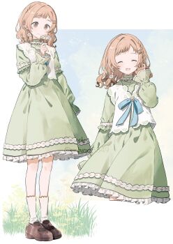 1girl :d alternate_hairstyle arm_at_side artist_name blonde_hair blue_ribbon blue_sky brown_eyes brown_shoes cropped_legs daisy_(flower) day dot_nose dress facing_viewer flower frilled_dress frills full_body grass green_dress hair_flower hair_ornament hair_ribbon hand_up highres holding holding_flower idolmaster idolmaster_shiny_colors legs_apart light_blush light_smile long_sleeves looking_ahead medium_dress medium_hair migolu multiple_views open_mouth outdoors ribbon sakuragi_mano shoes sky smile socks standing straight-on twitter_username watermark wavy_hair white_background white_flower white_socks