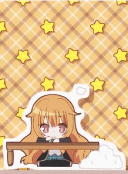 &gt;_&lt; 10s 1girl :d amatsuka_mao animated animated_gif black_pantyhose blazer blinking chibi closed_eyes female_focus gj-bu hair_flaps jacket long_hair looking_at_viewer lowres open_mouth orange_hair pantyhose paper pink_eyes plaid_background plaid_clothes plaid_skirt school_uniform sitting skirt smile solo star_(symbol) star_symbol_background table very_long_hair xd