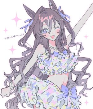 1girl animal_ear_piercing animal_ears arm_up bead_bracelet beads bikini bikini_skirt bow bowtie bracelet brown_hair clenched_hand cowboy_shot diamond-shaped_earrings ear_ornament floral_print frilled_bikini frills hair_between_eyes hair_bow hair_ornament hairclip happy heart heart_hair_ornament highres horse_ears horse_girl horse_tail jewelry light_blush long_hair long_hair_between_eyes loose_hair_strand m_budat1 miniskirt mole mole_under_eye multicolored_hair navel necklace official_alternate_costume open_mouth outline pink_outline print_bikini purple_bow purple_bowtie sidelocks simple_background single_hair_intake skirt smile solo sparkle standing star_(symbol) star_necklace stomach streaked_hair swimsuit tail translation_request two_side_up umamusume very_long_hair vivlos_(eclat_d'ete)_(umamusume) vivlos_(umamusume) waist_bow white_background white_bikini wristband