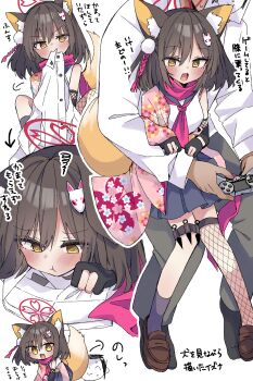 1girl absurdres animal_ear_fluff animal_ears biting biting_clothes black_gloves black_sailor_collar black_socks blue_archive blush brown_hair cherry_blossom_print collared_shirt controller doodle_sensei_(blue_archive) fang fishnet_thighhighs fishnets floral_print floral_print_kimono fox_ears fox_girl fox_hair_ornament fox_tail game_controller gloves hair_ornament halo highres holding holding_controller holding_game_controller izuna_(blue_archive) japanese_clothes kimono kunai loafers long_sleeves nagi_(nagito) neckerchief partially_fingerless_gloves pink_halo pink_neckerchief pink_scarf pleated_skirt pom_pom_(clothes) pom_pom_hair_ornament pout print_kimono sailor_collar scarf sensei_(blue_archive) shirt shoes short_hair simple_background single_fishnet_legwear single_wide_sleeve sitting sitting_on_lap sitting_on_person skin_fang skirt sleeveless sleeveless_shirt socks tail thighhighs weapon weapon_in_garters white_background white_shirt yellow_eyes