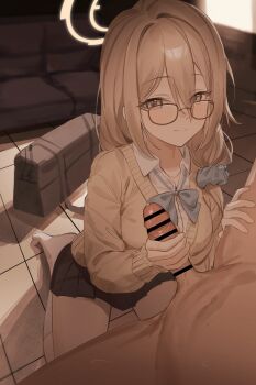 Rule 34 | 1boy, 1girl, absurdres, akane (blue archive), akane (school uniform) (blue archive), bag, bar censor, black-framed eyewear, black skirt, blue archive, blue bow, blue bowtie, blue scrunchie, blurry, blurry background, blush, bow, bowtie, breasts, brown cardigan, brown eyes, brown hair, brown halo, cardigan, censored, chinese commentary, closed mouth, clothed female nude male, clothed sex, collared shirt, commentary request, erection, evening, full body, glasses, hair between eyes, hair ornament, hair over shoulder, hair scrunchie, halo, hand on another&#039;s thigh, handjob, hands up, hetero, highres, indoors, kneehighs, krixxis4, long bangs, long hair, looking at viewer, looking over eyewear, medium breasts, miniskirt, no shoes, nude, official alternate costume, on floor, penis, precum, school bag, school uniform, scrunchie, seiza, shade, shadow, shirt, sitting, skirt, smile, socks, solo focus, tile floor, tiles, unworn bag, white shirt, white socks, window