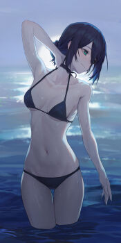 1girl absurdres alternate_costume arm_up armpit_crease backlighting bikini black_bikini black_choker black_hair blush breasts breasts_apart chainsaw_man choker collarbone commentary_request far_side groin hair_bun head_tilt highres looking_afar navel outdoors partial_commentary revision reze_(chainsaw_man) sideboob single_hair_bun small_breasts solo stomach swimsuit thigh_gap underboob wading