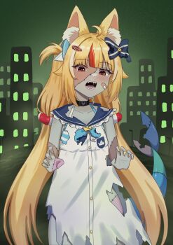 Rule 34 | 1girl, absurdres, alternate eye color, alternate species, animal ears, bandaid, bandaid on cheek, bandaid on face, blonde hair, blue bow, bow, cat ears, colored skin, dress, fins, fish girl, fish tail, grey skin, hair bow, hair flaps, highres, indie virtual youtuber, looking at viewer, multicolored hair, one side up, open mouth, patchwork skin, red eyes, red streaks, sameko saba, sameko saba (1st costume), sharkudon, sharp teeth, sleeveless, sleeveless dress, solo, streaked hair, tail, teeth, torn clothes, torn dress, virtual youtuber, white dress, white streaks, zombie