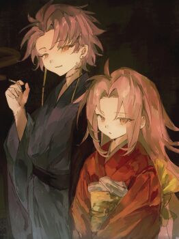 Rule 34 | 2boys, absurdres, aged down, ahoge, alternate costume, black background, black kimono, black sash, chinese commentary, cigarette, commentary request, curtained hair, eyes visible through hair, hand up, hatsutori hajime, height difference, highres, holding, holding cigarette, japanese clothes, kimono, liningne, long hair, long sleeves, male focus, multiple boys, obi, parted bangs, parted lips, pink hair, purple hair, red eyes, red kimono, saibou shinkyoku, sash, scar, scar on neck, short hair, smile, theodore riddle, wide sleeves, yellow sash