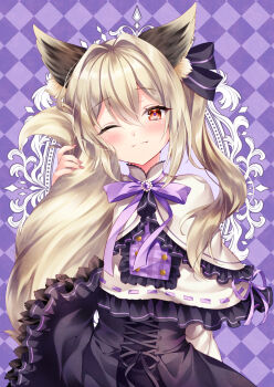 Rule 34 | 1girl, ;), animal ear fluff, animal ears, argyle background, black dress, capelet, closed mouth, commission, dress, frilled capelet, frilled dress, frills, hair between eyes, hair intakes, hand up, head tilt, holding own tail, light brown hair, long hair, looking at viewer, nogi takayoshi, one eye closed, original, purple background, red eyes, ribbon-trimmed capelet, ribbon trim, skeb commission, smile, solo, tail, white capelet