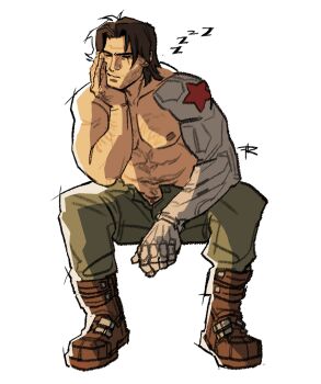 1boy abs absurdres bara boots brown_boots brown_hair bucky_barnes captain_america_(series) chest_hair closed_eyes closed_mouth commentary elbow_on_leg english_commentary facial_hair green_pants hand_on_own_face head_rest highres male_focus marvel marvel_rivals nipples open_pants pants parted_bangs pectorals prosthesis prosthetic_arm rustic_(rusticfurnace) simple_background sitting sketch sleeping solo star_(symbol) strongman_waist stubble topless_male white_background winter_soldier zzz