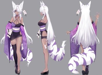 1girl absurdres animal_ear_fluff animal_ears asymmetrical_legwear back bare_shoulders bra breasts choker cleavage closed_mouth clothing_cutout commission cross-laced_bra dark_skin detached_sleeves earrings floral_print fox_ears fox_girl fox_tail grey_background hair_over_one_eye highres inari_(mofumancer) jewelry kakuma long_bangs long_hair medium_breasts multicolored_bra multicolored_hair non-web_source ofuda ofuda_earrings ofuda_on_clothes original platform_shoes purple_choker purple_eyes purple_sleeves purple_streaks reference_sheet sash simple_background single_thighhigh smile solo streaked_hair tail thigh_cutout thighhighs underwear white_hair white_nails white_sash white_tail