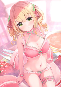 1girl absurdres blonde_hair blurry blurry_background bra breasts candy cleavage collarbone commentary_request food fork frilled_bra frilled_panties frilled_thigh_strap frills fruit fujinomiya_rio green_eyes hair_ribbon highres lingerie long_hair looking_at_viewer macaron matching_underwear medium_breasts navel original oversized_food oversized_object panties parted_lips pink_bra pink_panties revision ribbon sitting solo stomach strawberry sweets teeth thigh_strap twintails underwear underwear_only