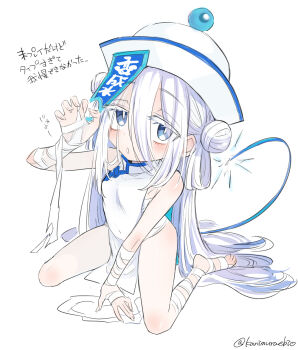 1girl bandages blue_eyes blush bombergirl breasts china_dress chinese_clothes commentary_request dress expressionless full_body hair_between_eyes hat jiangshi_costume kanimura_ebio long_hair ofuda ofuda_on_clothes ofuda_on_hat qingdai_guanmao simple_background sitting sketch small_breasts solo suisui_(bombergirl) translation_request twitter_username very_long_hair white_background white_dress white_hair