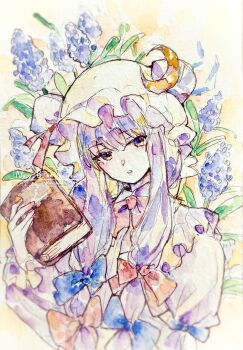 Rule 34 | 1girl, blue flower, book, bow, collage (medium), crescent, crescent hair ornament, crescent hat ornament, dress, embodiment of scarlet devil, flower, grape hyacinth, hair bow, hair ornament, hat, hat ornament, highres, holding, holding book, hyacinth, long hair, looking at viewer, mob cap, multiple hair bows, navybluesparrow, open mouth, painting (medium), patchouli knowledge, purple eyes, purple flower, purple hair, ribbon, solo, striped clothes, striped dress, touhou, traditional media, vertical-striped clothes, vertical-striped dress, watercolor (medium)