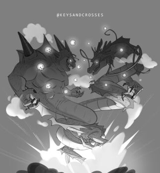 2boys antlers claws commentary dragon dragon_ball dragon_ball_(object) dragonball_z eastern_dragon english_commentary entangled fighting_stance full_body glowing glowing_eyes greyscale highres horns keysandcrosses monochrome monster multiple_boys muscular muscular_male open_mouth porunga scales sharp_teeth shenron_(dragon_ball) smoke spines summoning tail teeth twitter_username underlighting white_eyes