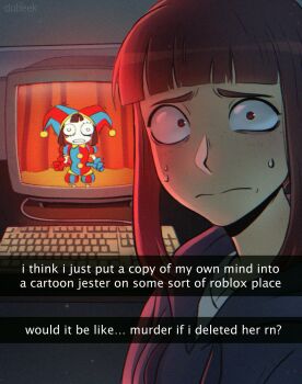 black_hoodie blue_gloves brown_eyes brown_hair closed_mouth computer curtains english_text feet_out_of_frame freckles gloves hat highres hood hoodie indoors jester_cap jester_costume medium_hair monitor pomni_(the_amazing_digital_circus) portrait red_gloves red_hair shirt small_pupils sweatdrop the_amazing_digital_circus white_shirt