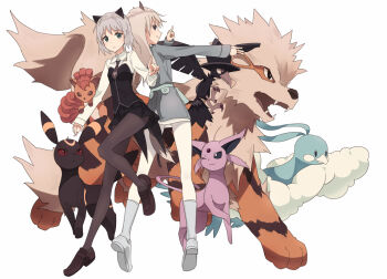 2girls altaria arcanine black_pantyhose black_skirt black_vest boots commentary crossover eila_ilmatar_juutilainen espeon full_body gen_1_pokemon gen_2_pokemon gen_3_pokemon green_eyes grey_boots grey_hair leg_up long_hair miniskirt multiple_girls murkrow nintendo outstretched_arm pantyhose pink_eyes pleated_skirt pokemon pokemon_(creature) sanya_v._litvyak shirt short_hair simple_background skirt strike_witches umbreon vest vulpix white_background white_shirt world_witches_series yukitake_(bullfalk)