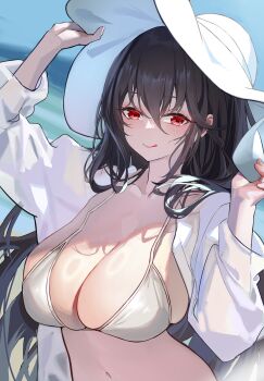 Rule 34 | 1girl, :q, absurdres, azur lane, bikini, blurry, blurry background, breasts, cleavage, collarbone, commentary request, crossed bangs, dutch angle, hair between eyes, hat, highres, huge breasts, liuli xiao, long hair, long sleeves, looking at viewer, navel, official alternate costume, open clothes, open shirt, outdoors, partial commentary, red eyes, see-through clothes, see-through shirt, shirt, solo, string bikini, sun hat, swimsuit, taihou (azur lane), taihou (seaside daydreams) (azur lane), tongue, tongue out, upper body, very long hair, white bikini, white hat, white shirt