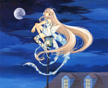 00s 1girl absurdly_long_hair absurdres artbook bare_shoulders barefoot blonde_hair blue_background brown_eyes building chii chobits clamp dress female_focus from_side full_body full_moon highres interlocked_fingers lantern long_hair moon night official_art ribbon robot_ears scan skirt sky sleeveless sleeveless_dress solo star_(sky) starry_sky traditional_media very_long_hair white_dress white_skirt